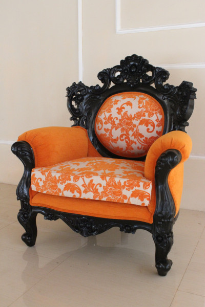 Barock Sessel, Repro-Antik-Design, Mahagoni massiv Holz, schwarz orange