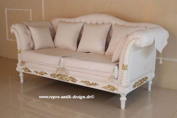 Barock Sofa Polstermöbel, Repro-Antik-Design, Mahagoni massiv Holz, weiß gold 