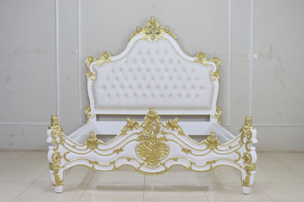 Barock Bett Valbonne, Repro-Antik-Design, Mahagoni Massiv Holz, ausgefallen exclusive gold wei